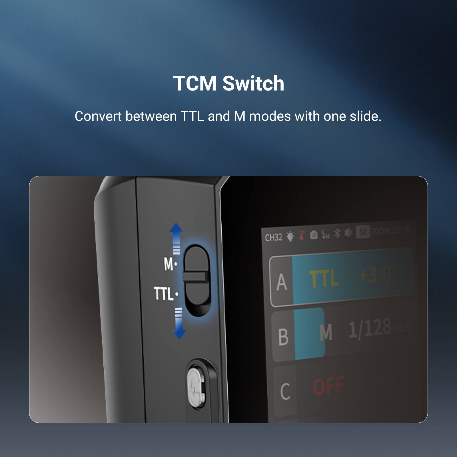 TCM Switch  
Convert between TTL and M modes with one slide.  

CH32  
M ZOOM:200  
TTL A TTL +3.0  
M 1/128+0s +0.9  
C OFF