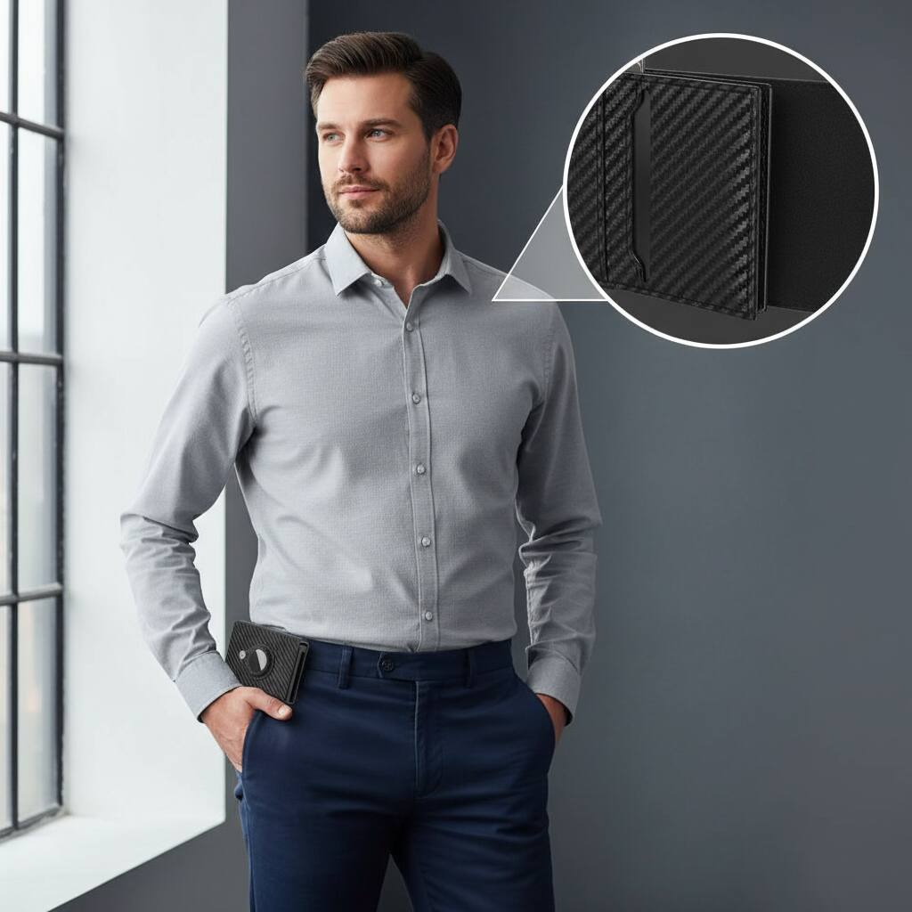 Alt View 2. ZUQIETA - ZUQIETA Smart Wallet for AirTag - RFID Leather Card Holder with ID Window & Cash Slot (Black) - Carbon Fiber Black.