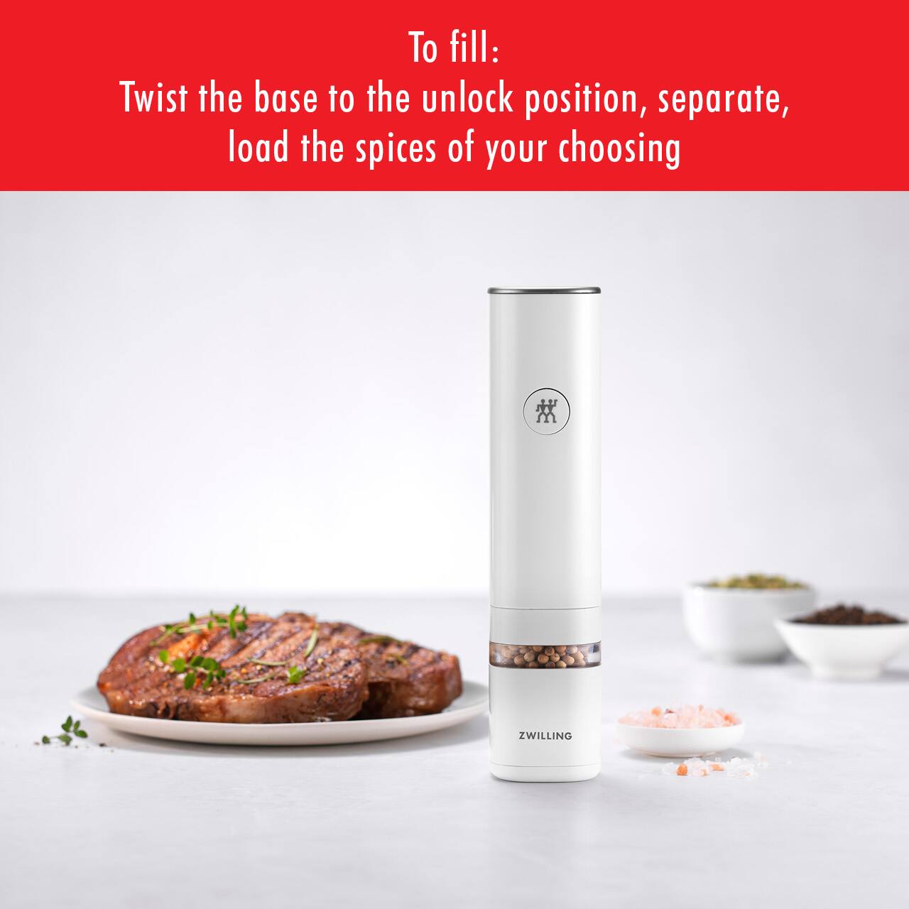 To fill: Twist the base to the unlock position, separate, load the spices of your choosing

ZWILLING