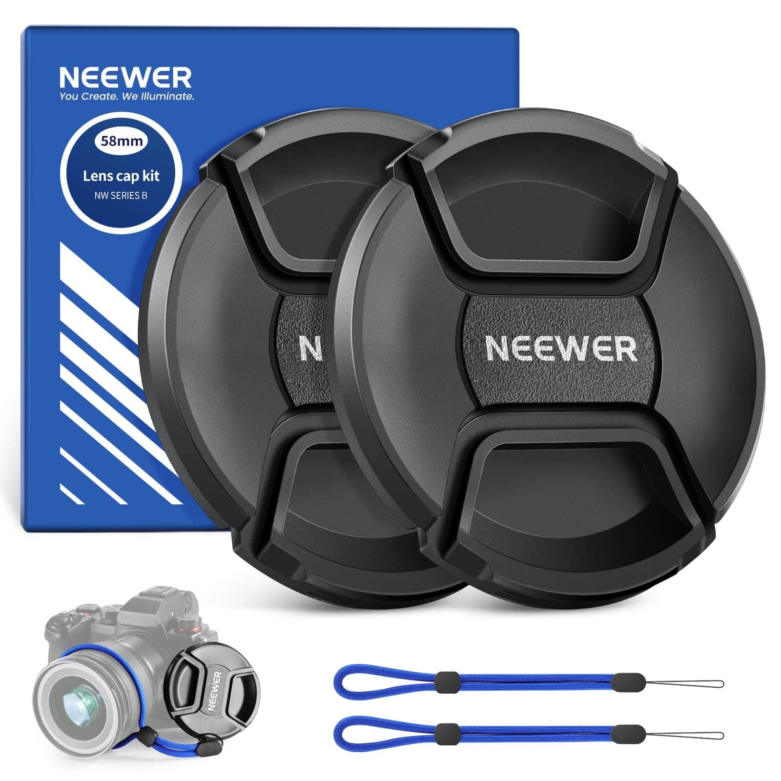 Neewer - 58mm Lens Cap 2-Pack with Anti-Loss Strap & Cleaning Cloth - Black