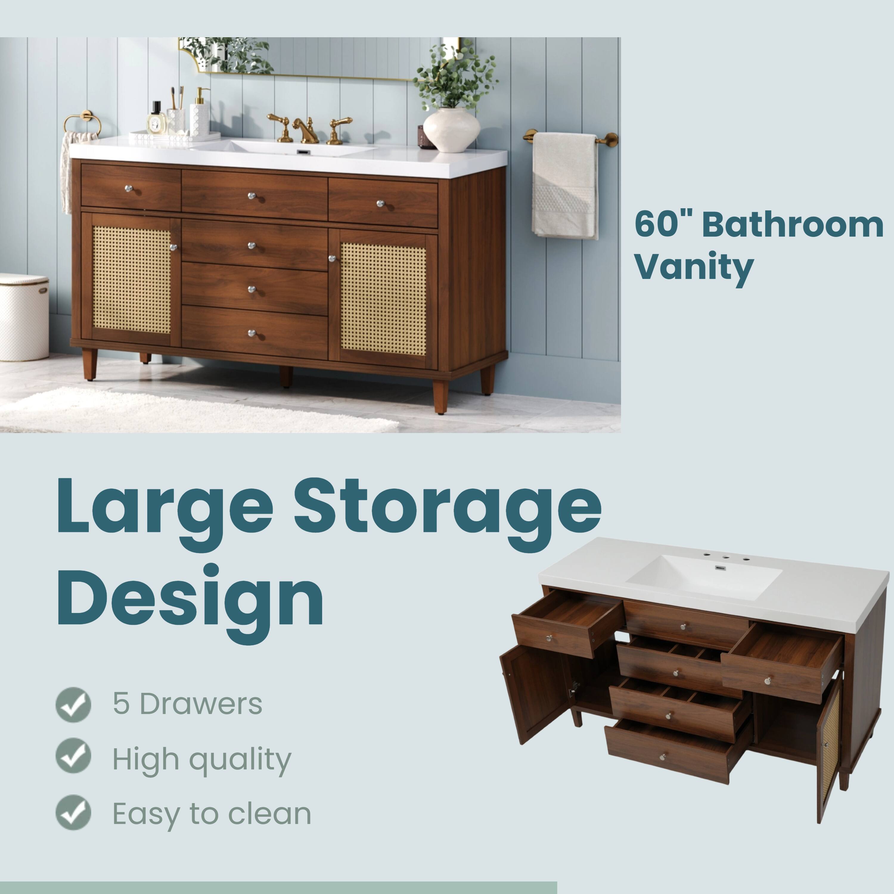 60" Bathroom Vanity  
Large Storage Design  
- 5 Drawers  
- High quality  
- Easy to clean