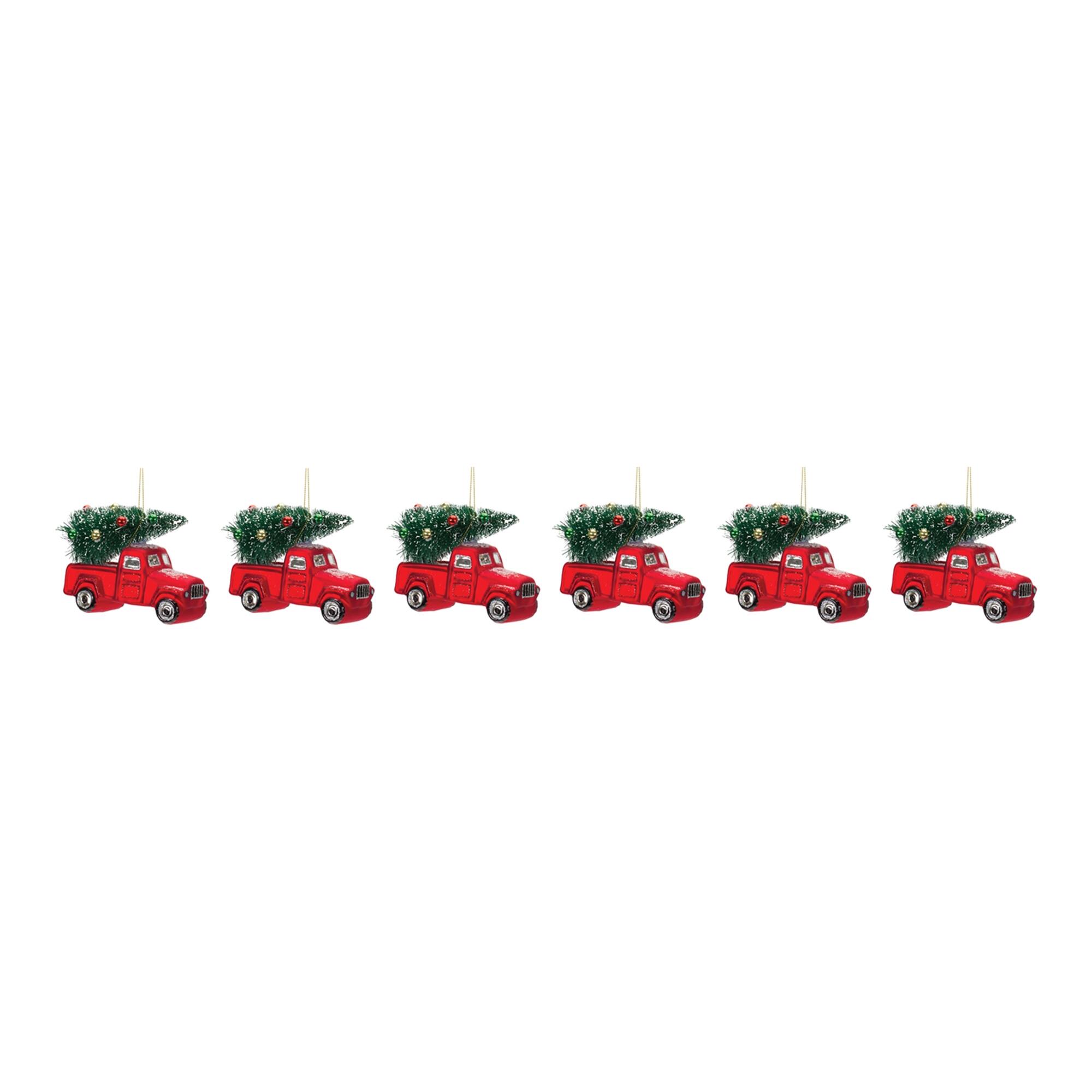 Alt View 1. BreeBe - Glittered Glass Pickup Truck Ornament (Set of 6) - Red, Green.