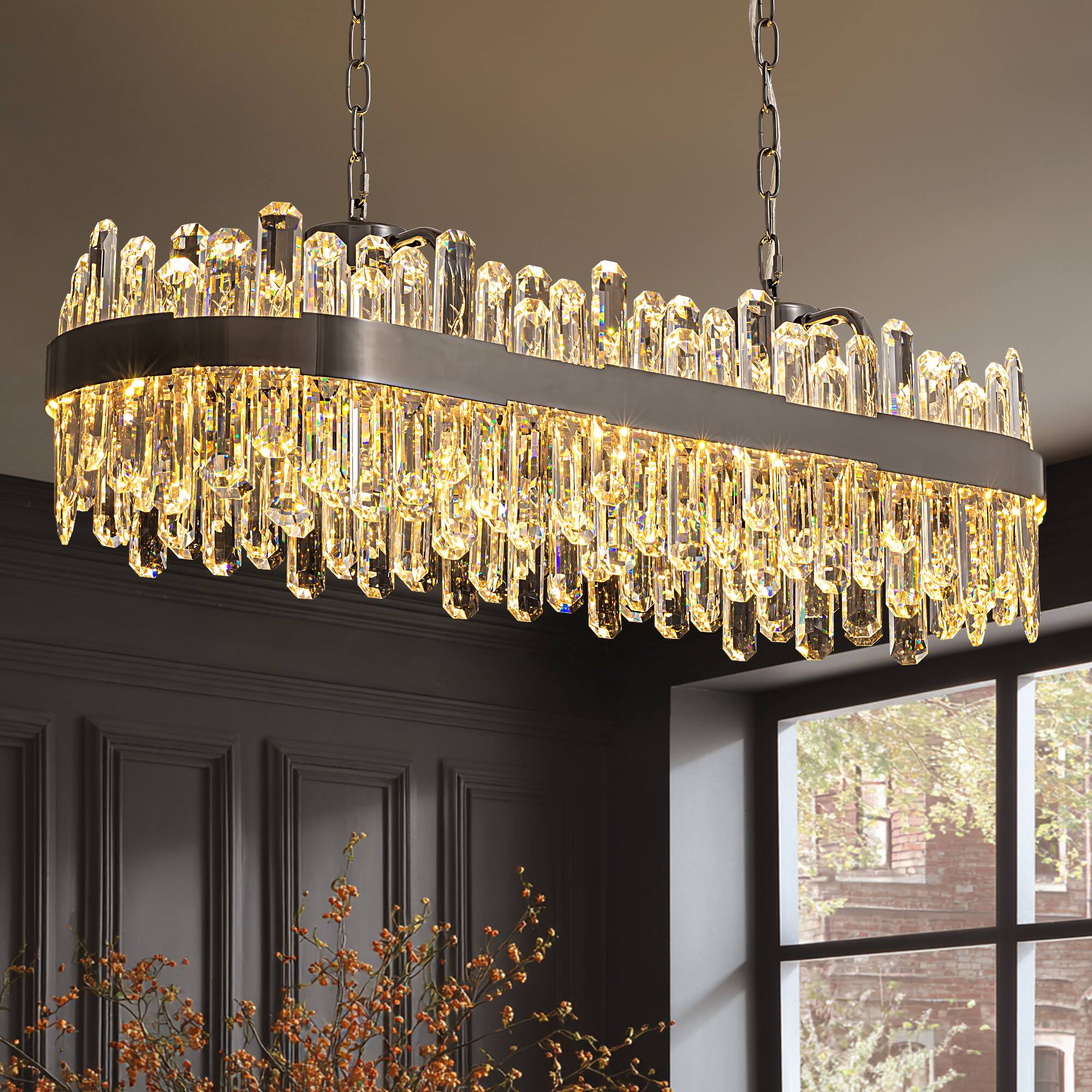 Angle. Siljoy - 40-inch Modern Rectangular K9 Crystal Linear Chandelier Pendant for Dining Room Kitchen Island Bar - Graphite Black.
