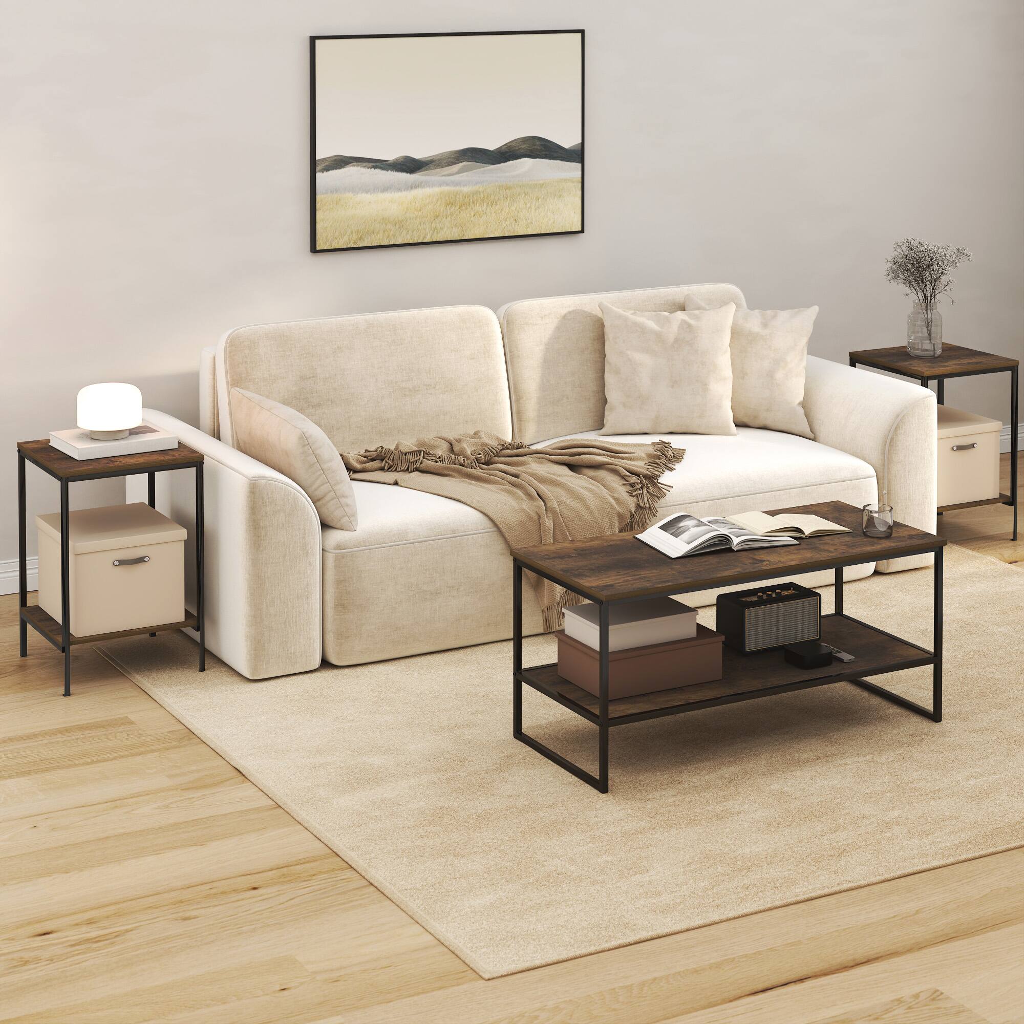 Alt View 1. Furinno - SIMPLISTIC Coffee Table and End Table Set of 3, Modern Metal Frame Coffee Table & 2 Square Side Tables, Night Stands Set - Amber Pine.