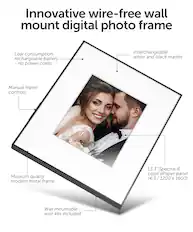 Innovative wire-free wall mount digital photo frame:
* Low consumption rechargeable battery - no power cords
* Interchangeable white and black mattes
* Manual frame controls
* Museum quality modern metal frame
* 13.3" Spectra-6 color ePaper panel (4:3 3/ 1200 / X 1600)
* Wall mountable - wire kits included