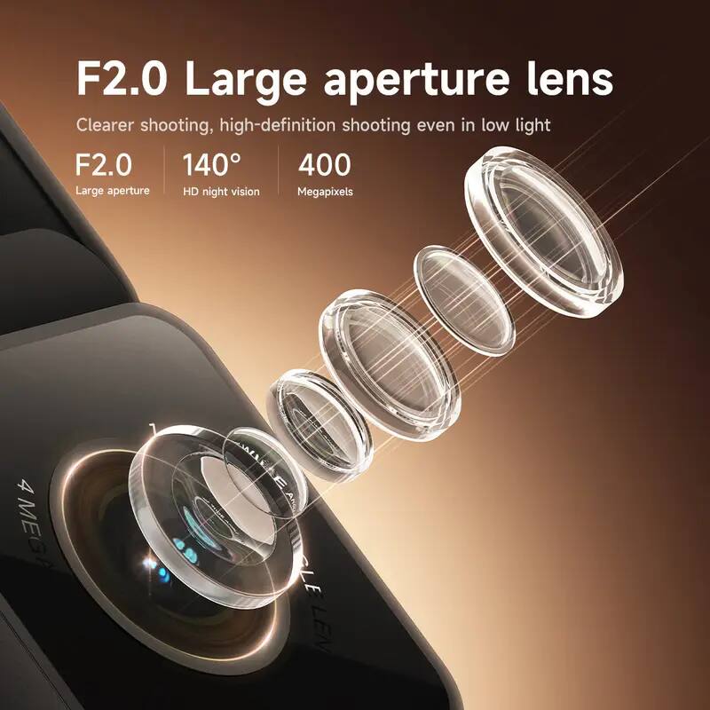 F2.0 Large aperture lens  
Clearer shooting, high-definition shooting even in low light  

F2.0  
Large aperture  

140°  
HD night vision  

400  
Megapixels