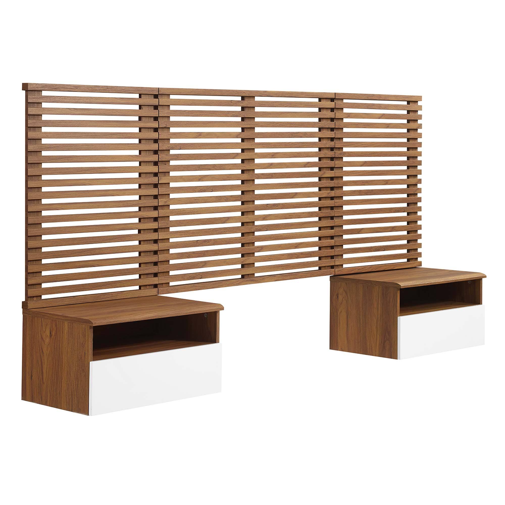 Angle. Modway - Render Wall Mount Headboard and Modern Nightstands - Walnut.