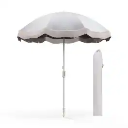 Mondawe - 6.5 FT Beach Umbrella with Fringe Outdoor Tassel Umbrella with Push Button Tilt - White