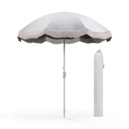 Front. Mondawe - 6.5 FT Beach Umbrella with Fringe Outdoor Tassel Umbrella with Push Button Tilt - White.