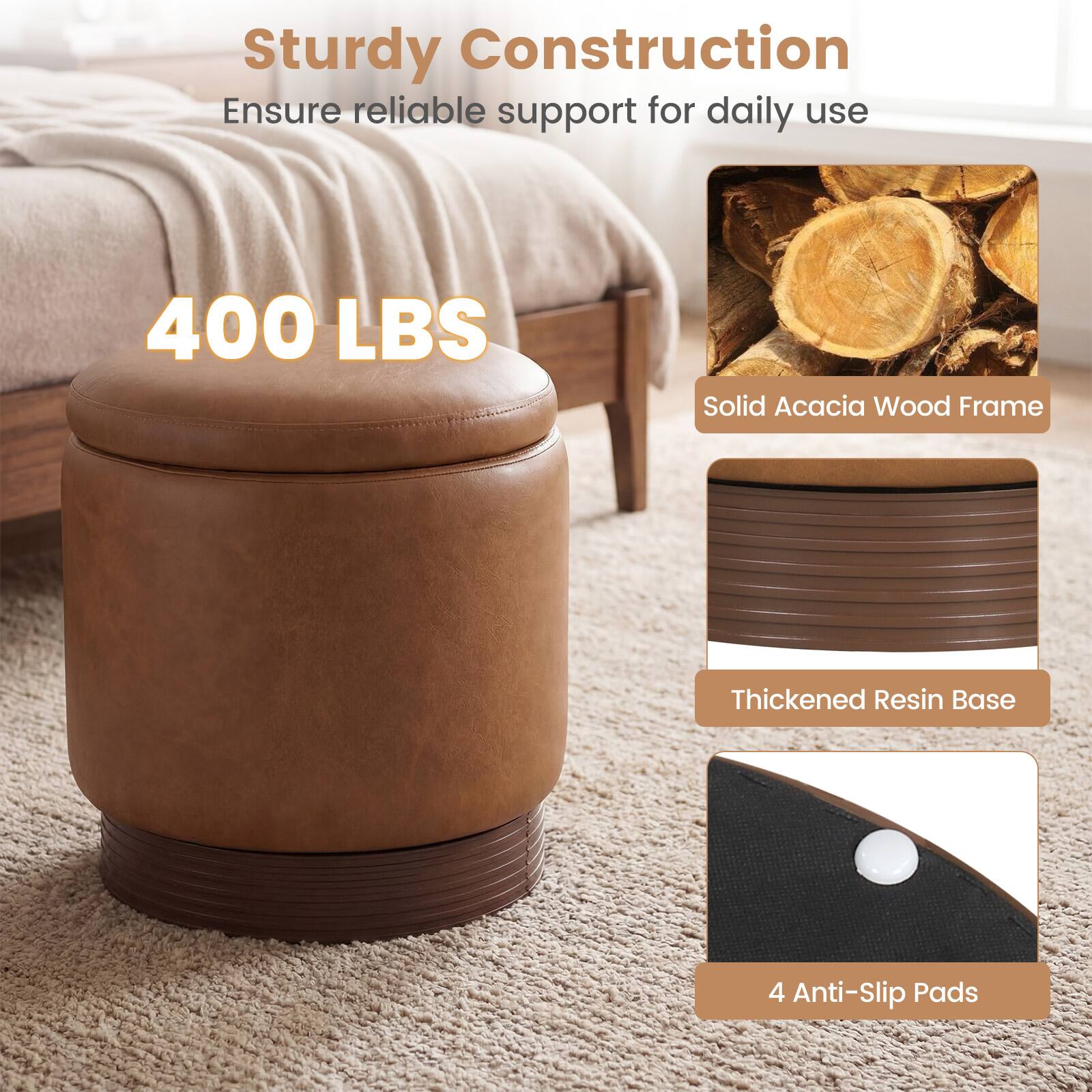 Sturdy Construction  
Ensure reliable support for daily use  

400 LBS  

Solid Acacia Wood Frame  
Thickened Resin Base  
4 Anti-Slip Pads