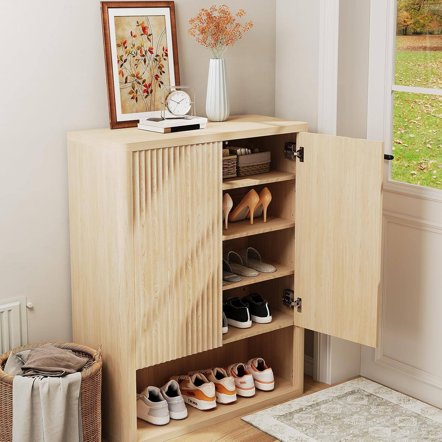Left. Homhougo - 44" Tall Shoe Cabinet, Storage Organizer with Doors & 4 Adjustable Shelves, Modern Free Standing Shoe Rack for - Natural Oak.