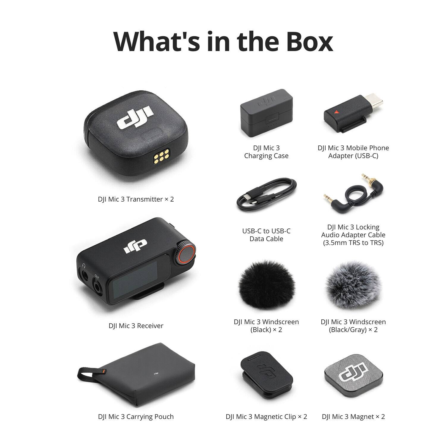 What's in the Box

- DJI Mic 3 Charging Case
- DJI Mic 3 Mobile Phone Adapter (USB-C)
- DJI Mic 3 Transmitter x 2
- USB-C to USB-C Data Cable
- DJI Mic 3 Locking Audio Adapter Cable (3.5mm TRS to TRS)
- DJI Mic 3 Receiver
- DJI Mic 3 Windscreen (Black) x 2
- DJI Mic 3 Windscreen (Black/Gray) x 2
- DJI Mic 3 Carrying Pouch
- DJI Mic 3 Magnetic Clip x 2
- DJI Mic 3 Magnet x 2