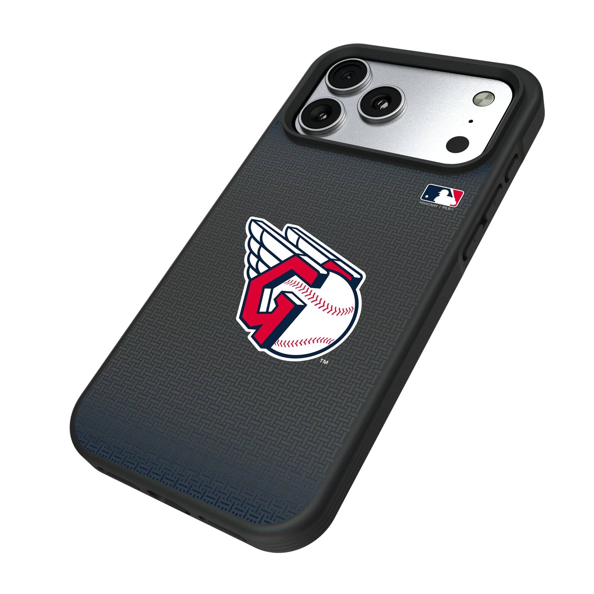 Alt View 1. Keyscaper - Cleveland Guardians Linen Logo iPhone Bump Case - 13 Pro Max - Black.