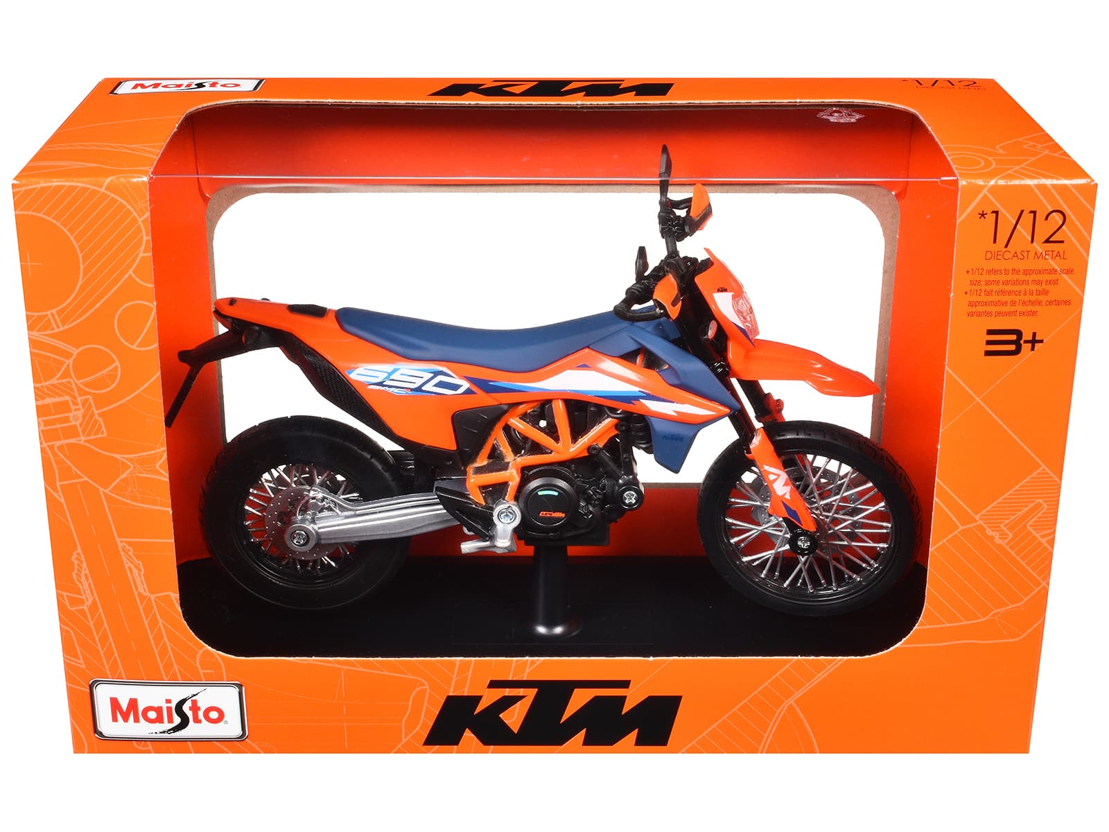 2023 KTM 690 SMC R with Display Base 1/12 Diecast Model by Maisto - Orange and Blue