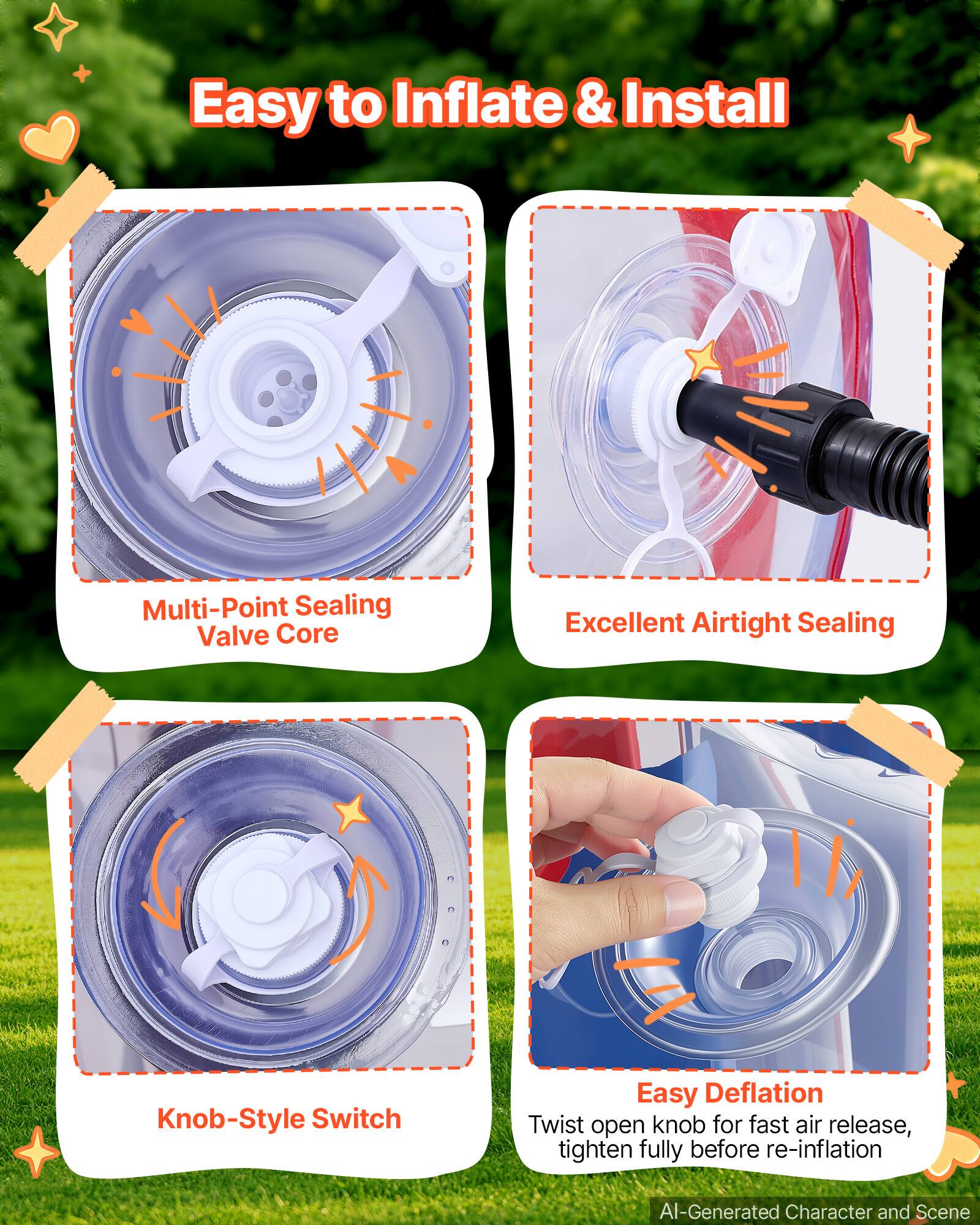 Easy to Inflate & Install

Multi-Point Sealing Valve Core

Excellent Airtight Sealing

Knob-Style Switch

Easy Deflation
Twist open knob for fast air release, tighten fully before re-inflation

AI-Generated Character and Scene