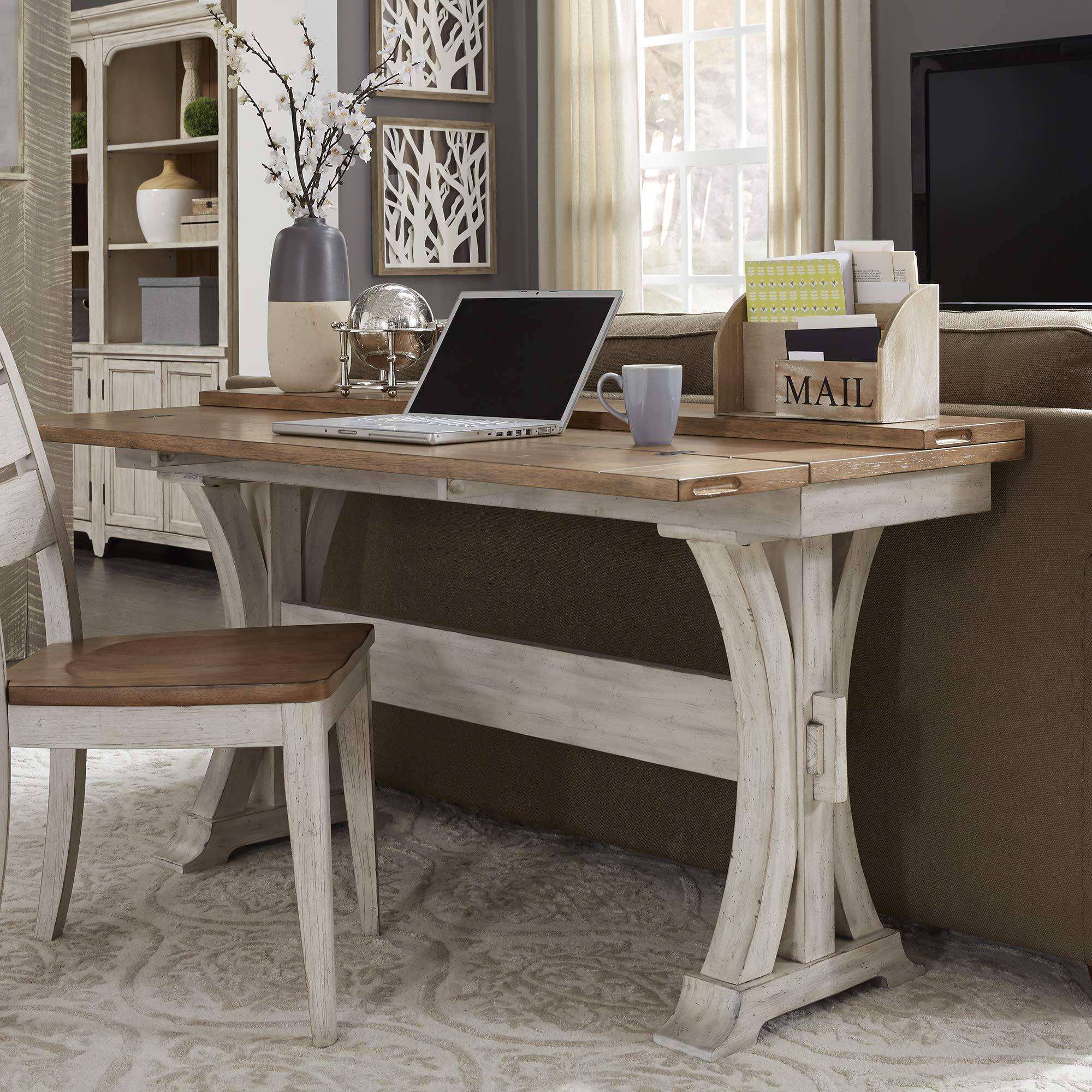 Alt View 4. Liberty Furniture Industries - Farmhouse Reimagined Flip Lid Sofa Table in Antique White w/ Chestnut Top - White.