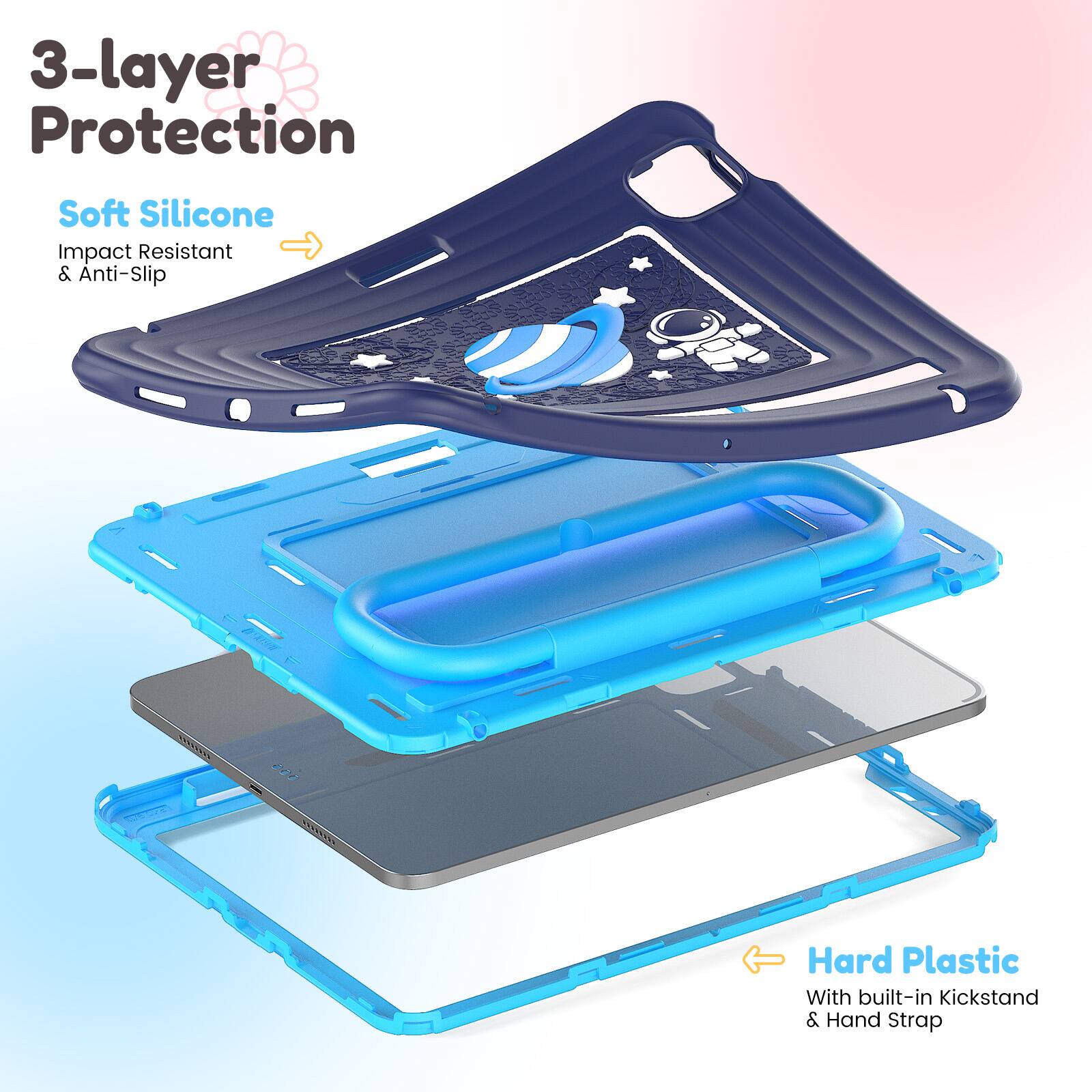 3-layer Protection

Soft Silicone  
Impact Resistant & Anti-Slip

Hard Plastic  
With built-in Kickstand & Hand Strap