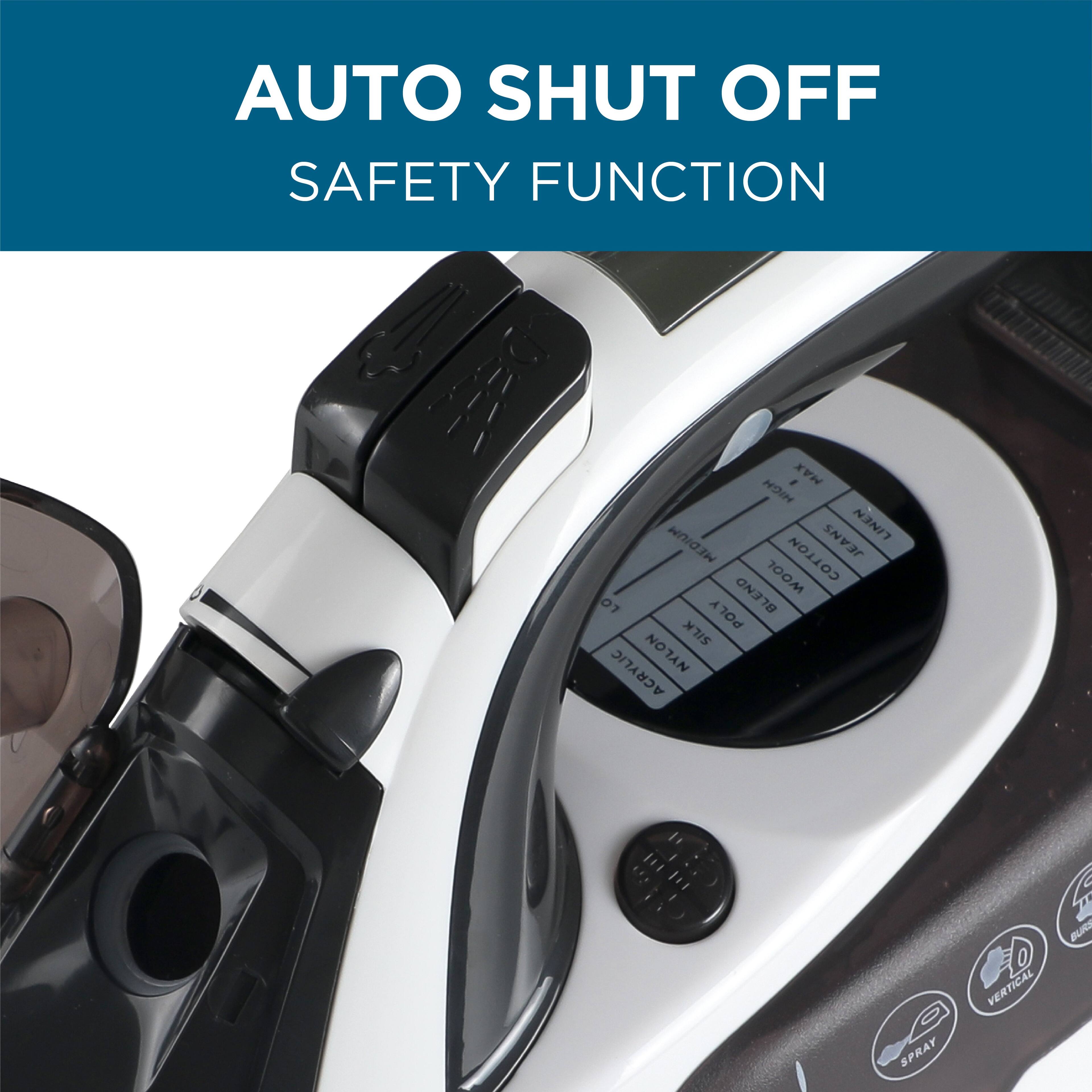 AUTO SHUT OFF SAFETY FUNCTION

MAX
HOIH
JEANS
LINEN
MEDIUM
COTTON
BLEND
WOOL
A
POLY
SILK
ACRYLIC
NYLON
SPRAY
0
VERTICAL
E
4
BURS