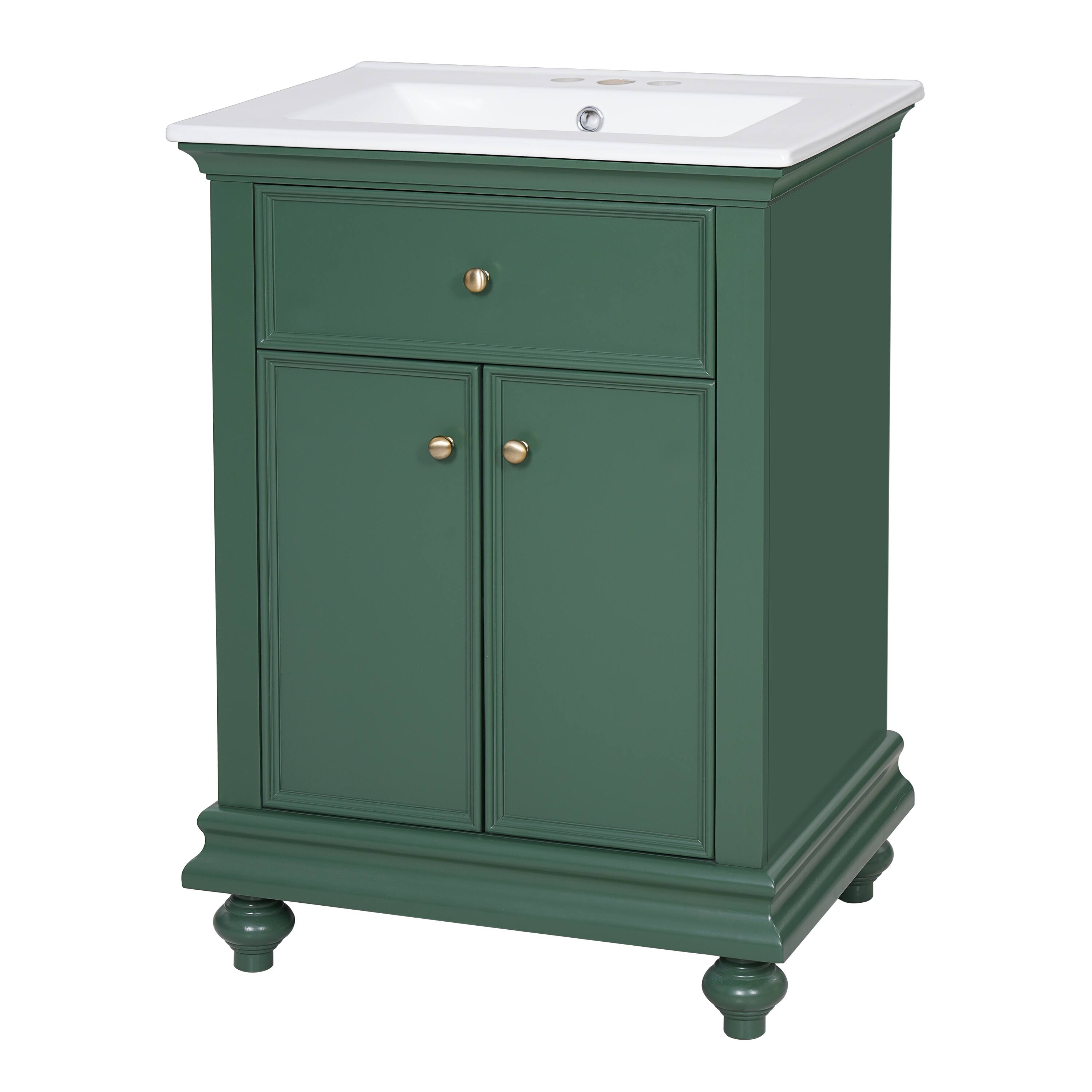 Left. Whisen - 24" Modern Bathroom Vanity Cabinet with Sink Tip-Out Soft-Close Hinges Back Open Ball-Turned Legs - Green.