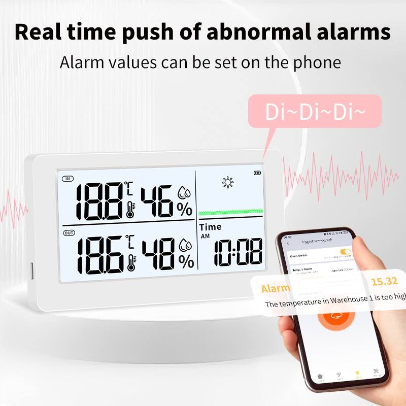 Real time push of abnormal alarms  
Alarm values can be set on the phone  

Di~Di~Di~  

188°C 46%  
186°C 48%  

Time 10:08 AM  

Alarm  
The temperature in Warehouse 1 is too high