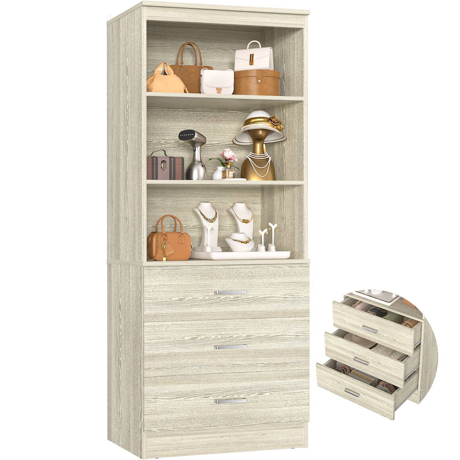 Left. Aheaplus - 71'' Tall Bookcase with 3 Drawers and Shelves, 23.6'' Wide Modular Small Walk-in Storage Unit - Beige Oak.