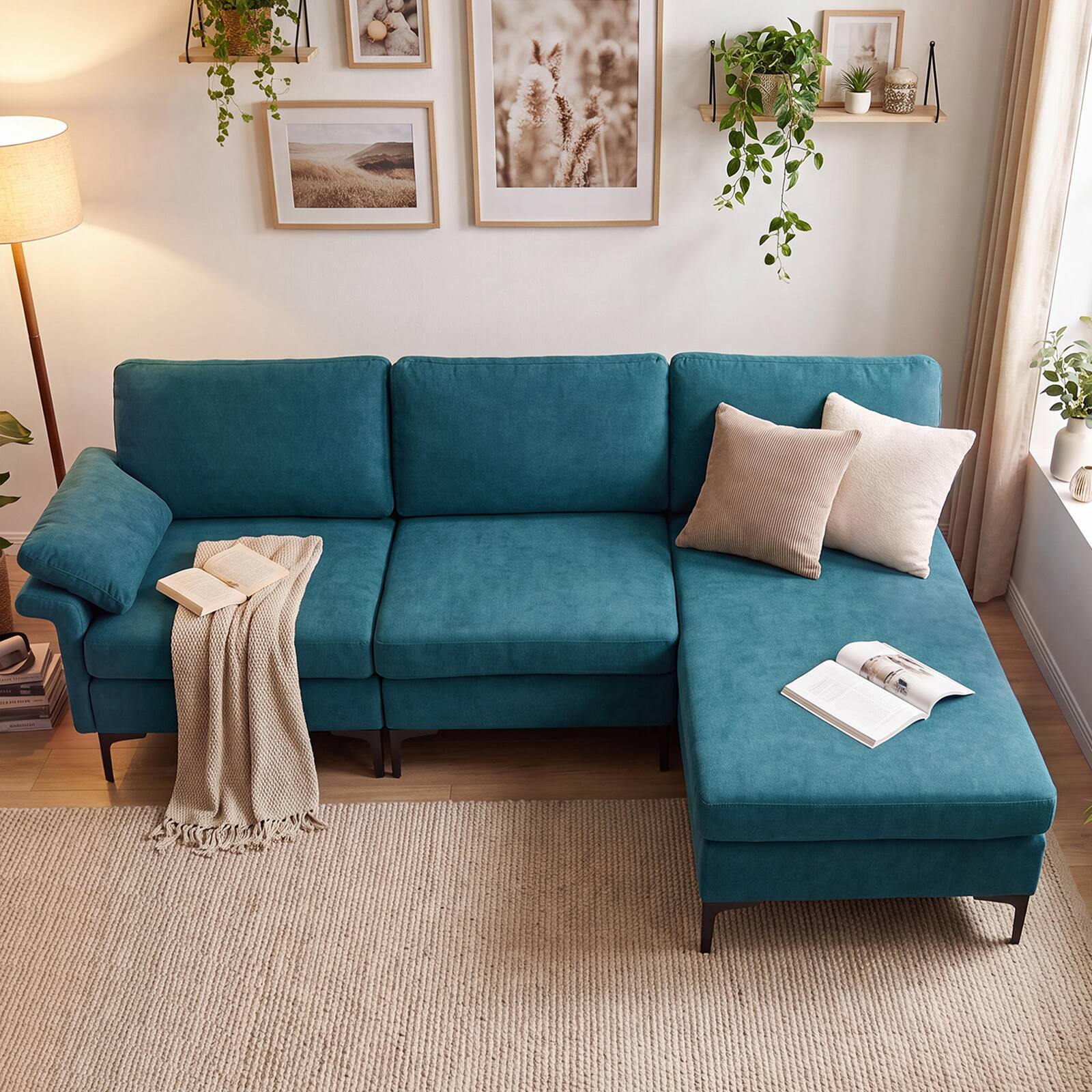 Alt View 4. Costway - Costway Modular Sectional Sofa with Storage & Charging Station, Chaise, Pillow Armrest - Turquoise.