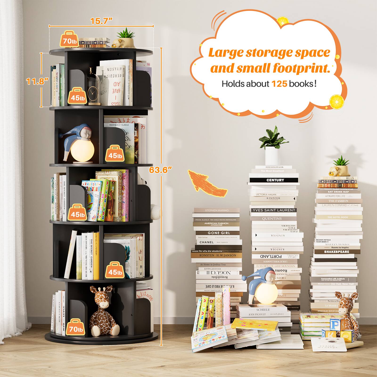 15.7" 11.8" 70lb 45lb 45lb 45lb 45lb 70lb 63.6" Large storage space and small footprint. Holds about 125 books!