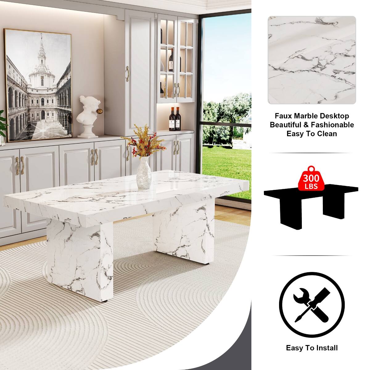 Faux Marble Desktop Beautiful & Fashionable Easy To Clean  
300 LBS  
Easy To Install