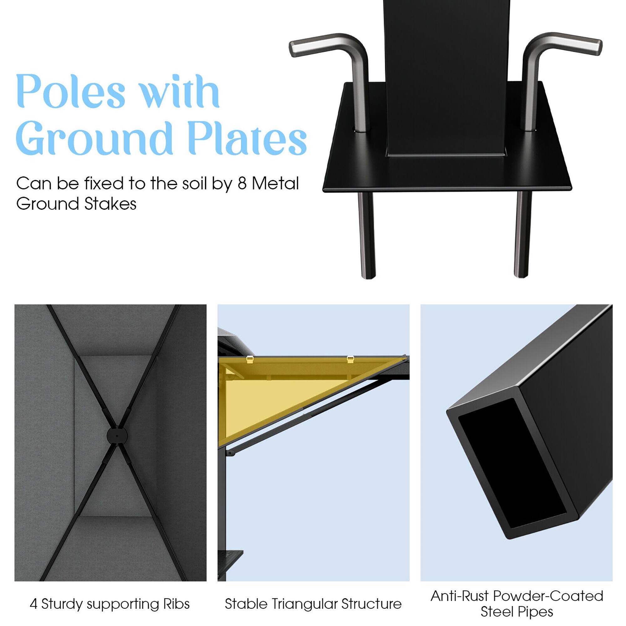 Poles with Ground Plates

Can be fixed to the soil by 8 Metal Ground Stakes

4 Sturdy supporting Ribs

Stable Triangular Structure

Anti-Rust Powder-Coated Steel Pipes
