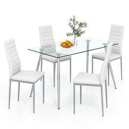 Gymax - 5 PCS 51'' Rectangle Dining Set 0.3'' Thick Glass Table w/ 4 Padded Dining Chairs - Silver, White