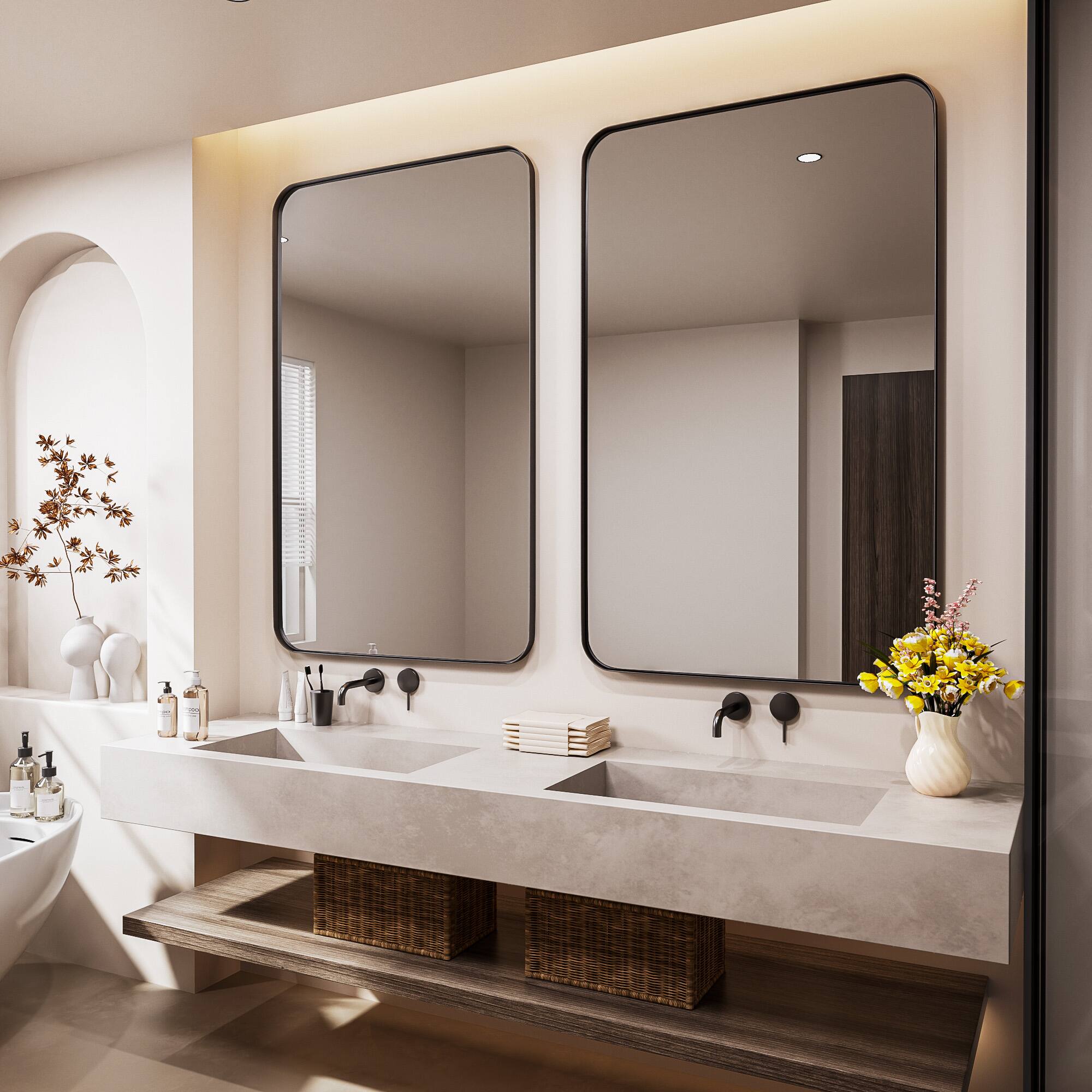 LOVMOR Tempered Glass Rounded Rectangle Framed Wall Mounted Bathroom