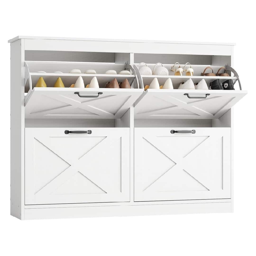 GARVEE - Entryway Shoe Cabinet with 4 Flip Drawers, Wide Shoe Storage Organizer Cabinet, Durable and Stylish, Shoe Cabinet - White