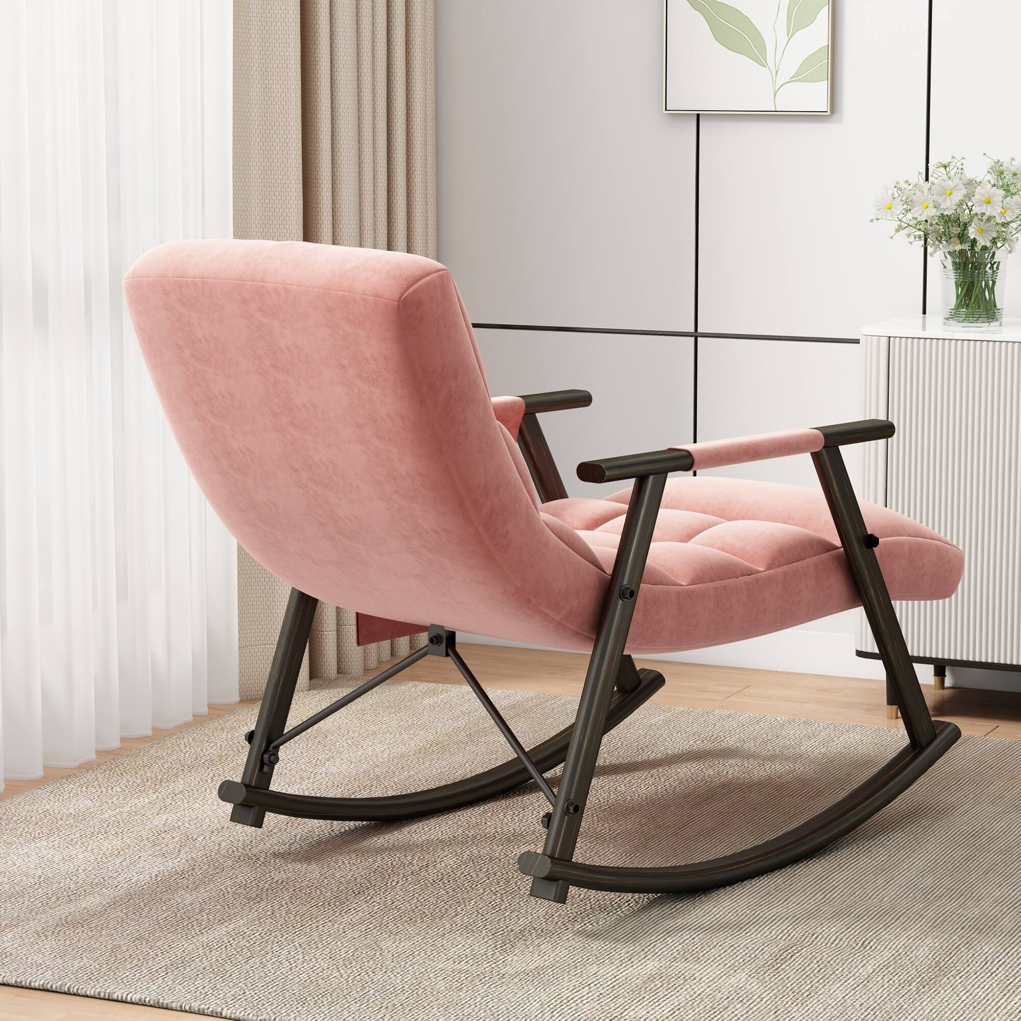 Back. GOODSILO - Adjustable High Back Casual Rocking Chair with Footrest and Side Pockets for Living Room Bedroom or Balcony - Pink.