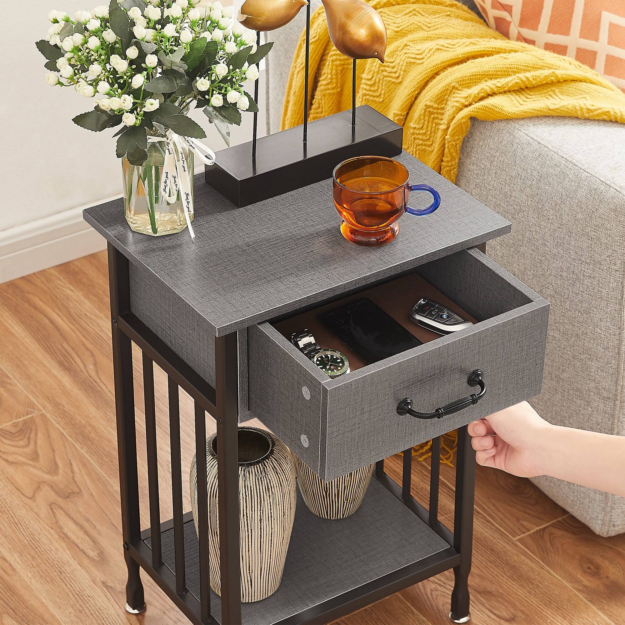 Alt View 2. Vecelo - Set of 2 Industrial Nightstand - Bedside Table with Drawer, Compact End Table with Adjustable Feet, Metal Frame - Dark Grey.