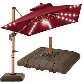Best Choice Products - 10ft Square Woodgrain Pattern 2-Tier Outdoor Solar LED Cantilever Umbrella w/ Base - Burgundy