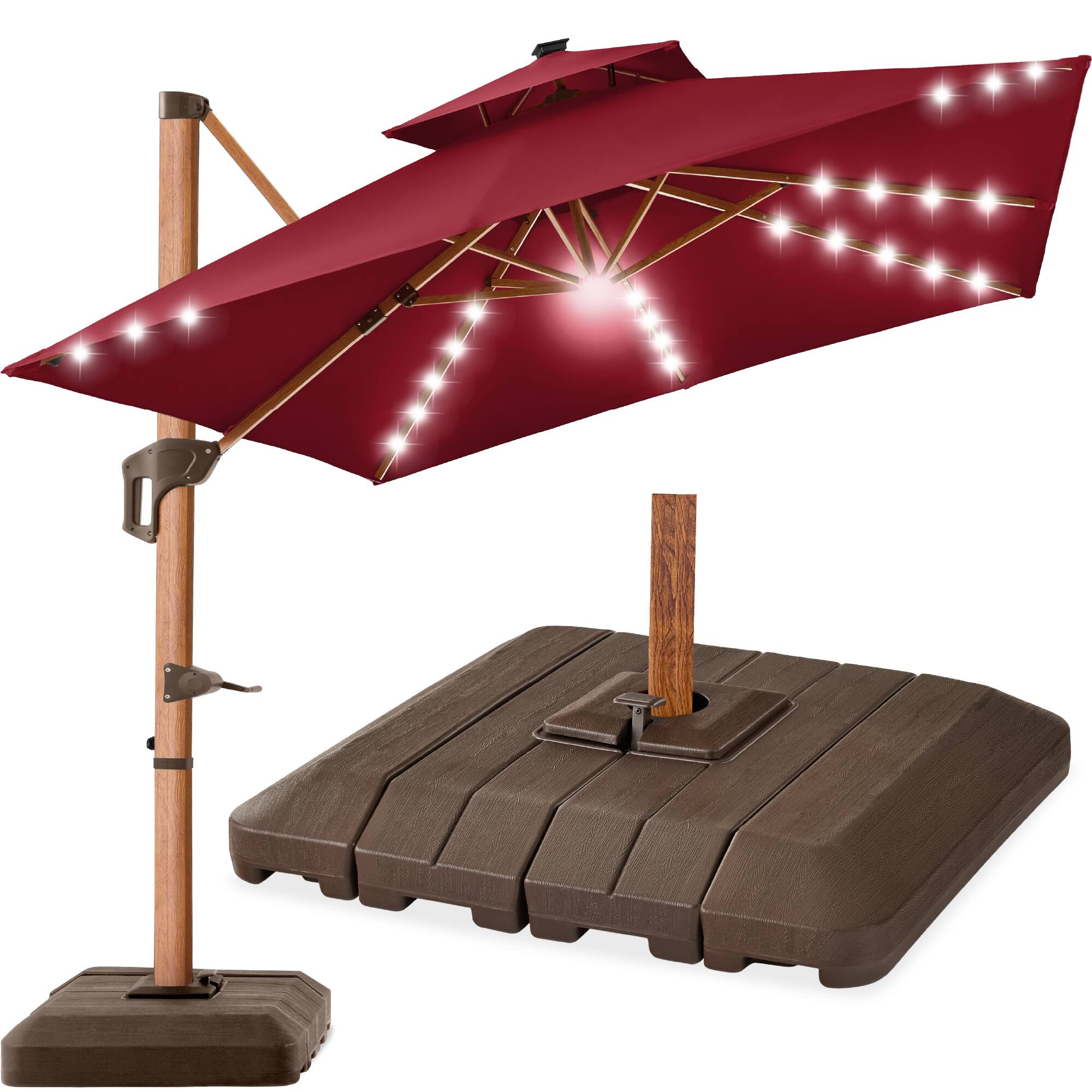 Best Choice Products - 10ft Square Woodgrain Pattern 2-Tier Outdoor Solar LED Cantilever Umbrella w/ Base - Burgundy
