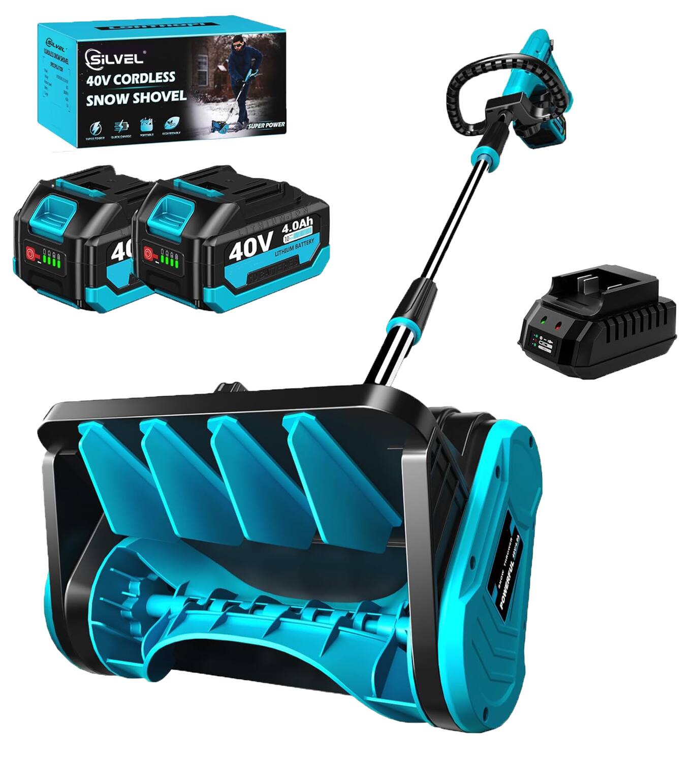 Silvel - 24V Cordless Snow Blower with 4.0Ah Battery & Charger, 13-Inch Wide Clearing, 16.5ft Snow Throw - Blue