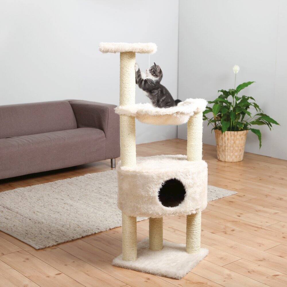 Angle. TRIXIE - Baza Plush & Jute 52" Cat Tower Scratching Posts Condo Perch Hammock Cat Toy - Cream.
