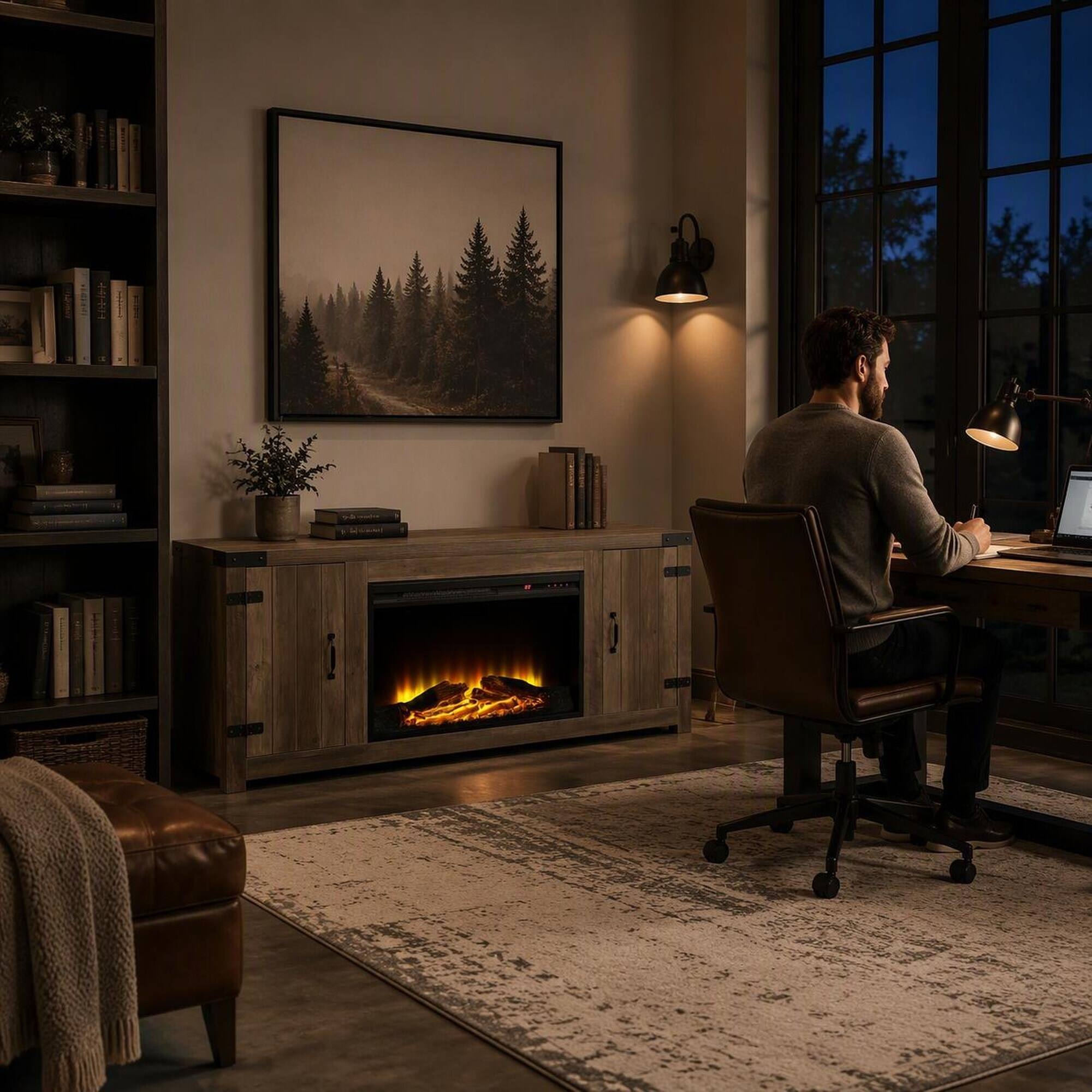 Left. RYHNUYNE - Tobias Rustic Oak TV Stand with Electric Fireplace and Two-Door Storage, 15mm Top, 100lb Capacity for Living Room - White.