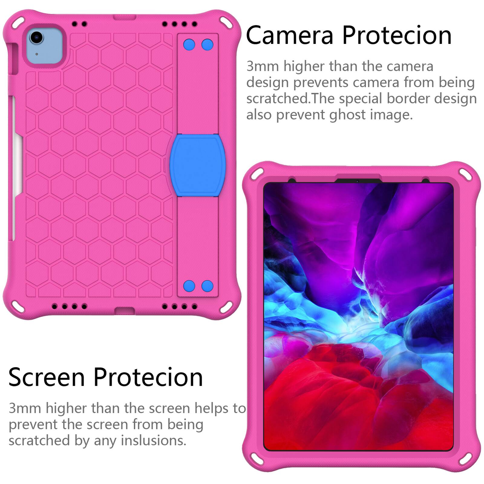 Camera Protection  
3mm higher than the camera design prevents camera from being scratched. The special border design also prevents ghost image.  

Screen Protection  
3mm higher than the screen helps to prevent the screen from being scratched by any inclusions.