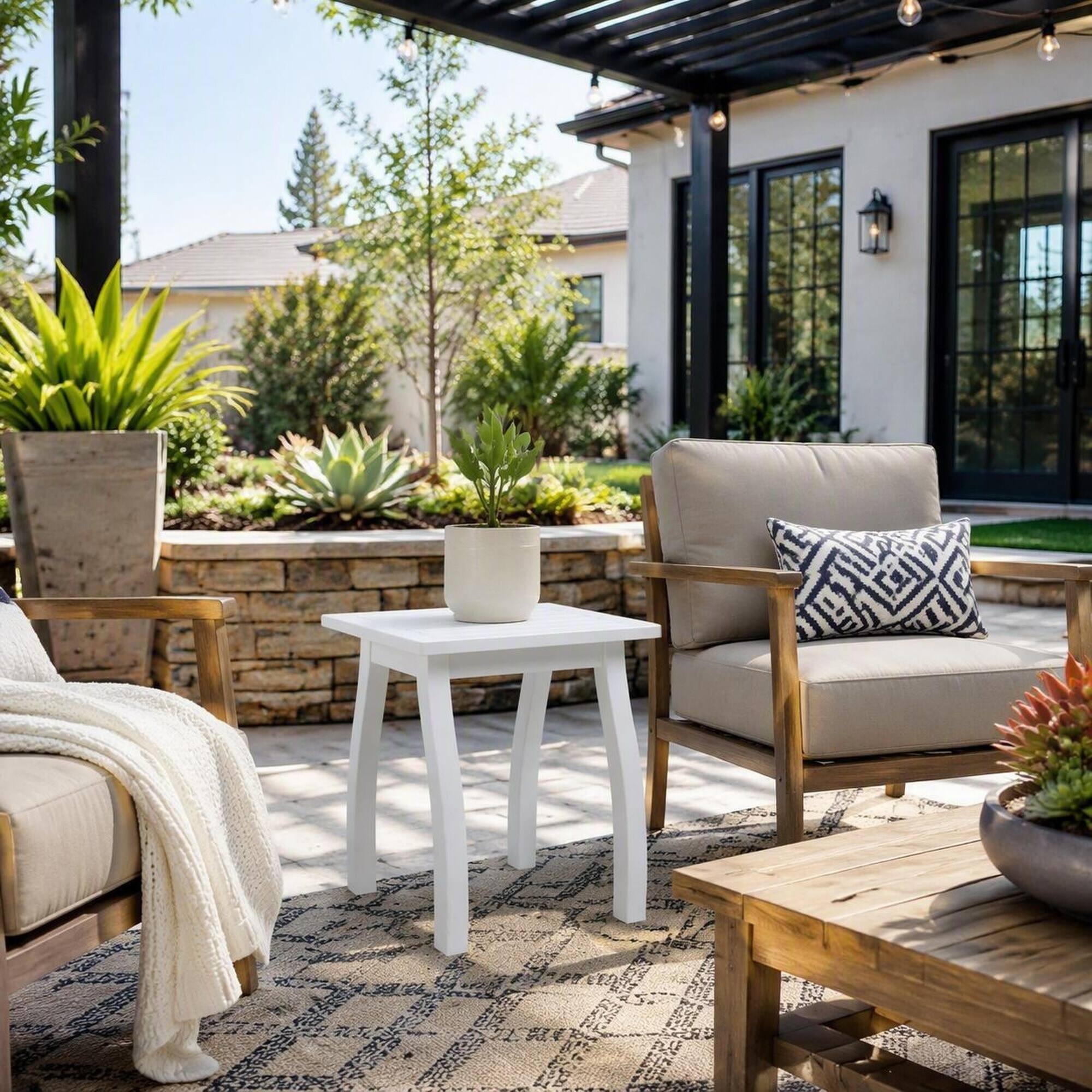 Back. RYHNUYNE - White Natural Stained Acacia Wood Rectangular Accent Side Table,Weather-Resistant Outdoor End Table for Patio Garden - White PU.