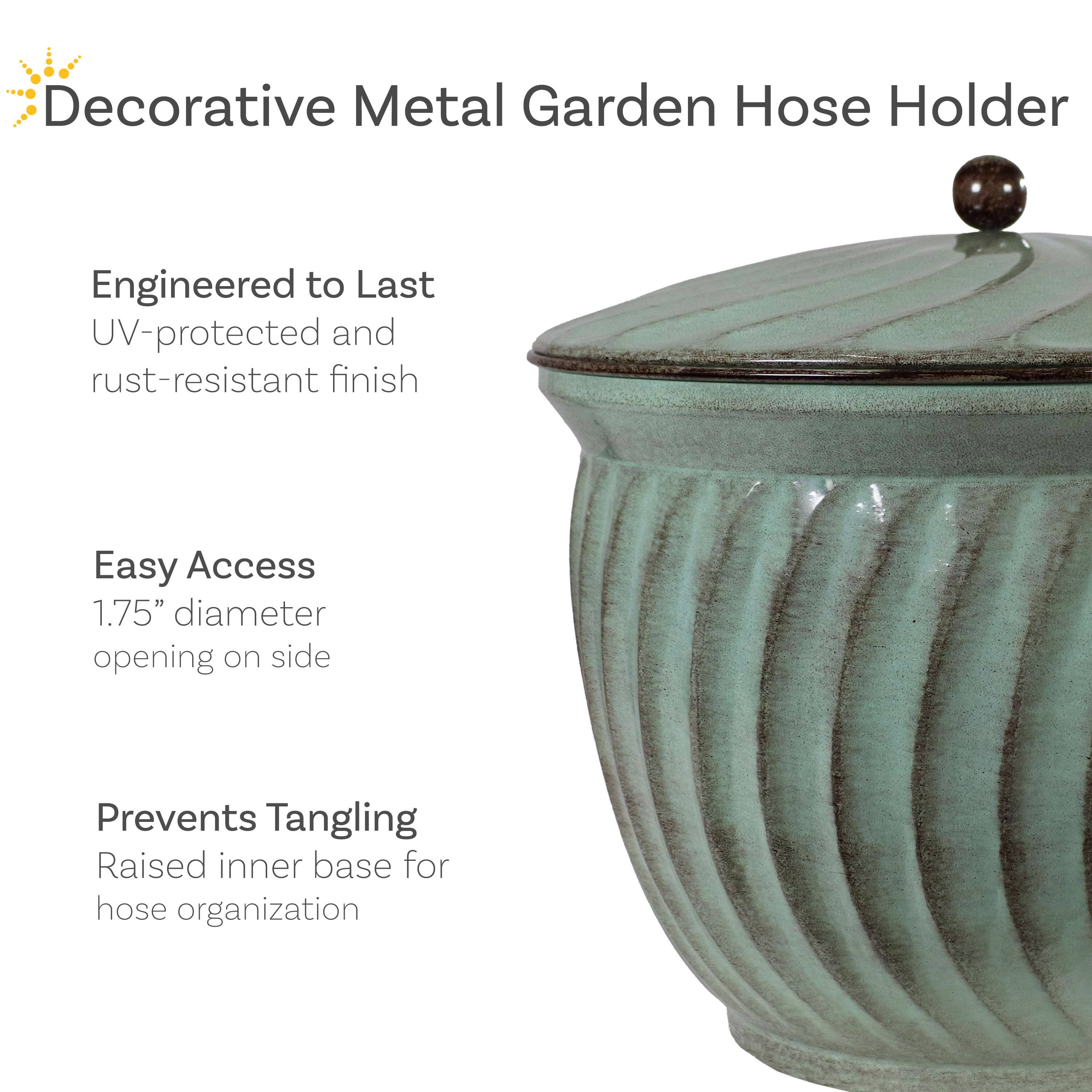 Decorative Metal Garden Hose Holder

Engineered to Last  
UV-protected and rust-resistant finish

Easy Access  
1.75" diameter opening on side

Prevents Tangling  
Raised inner base for hose organization