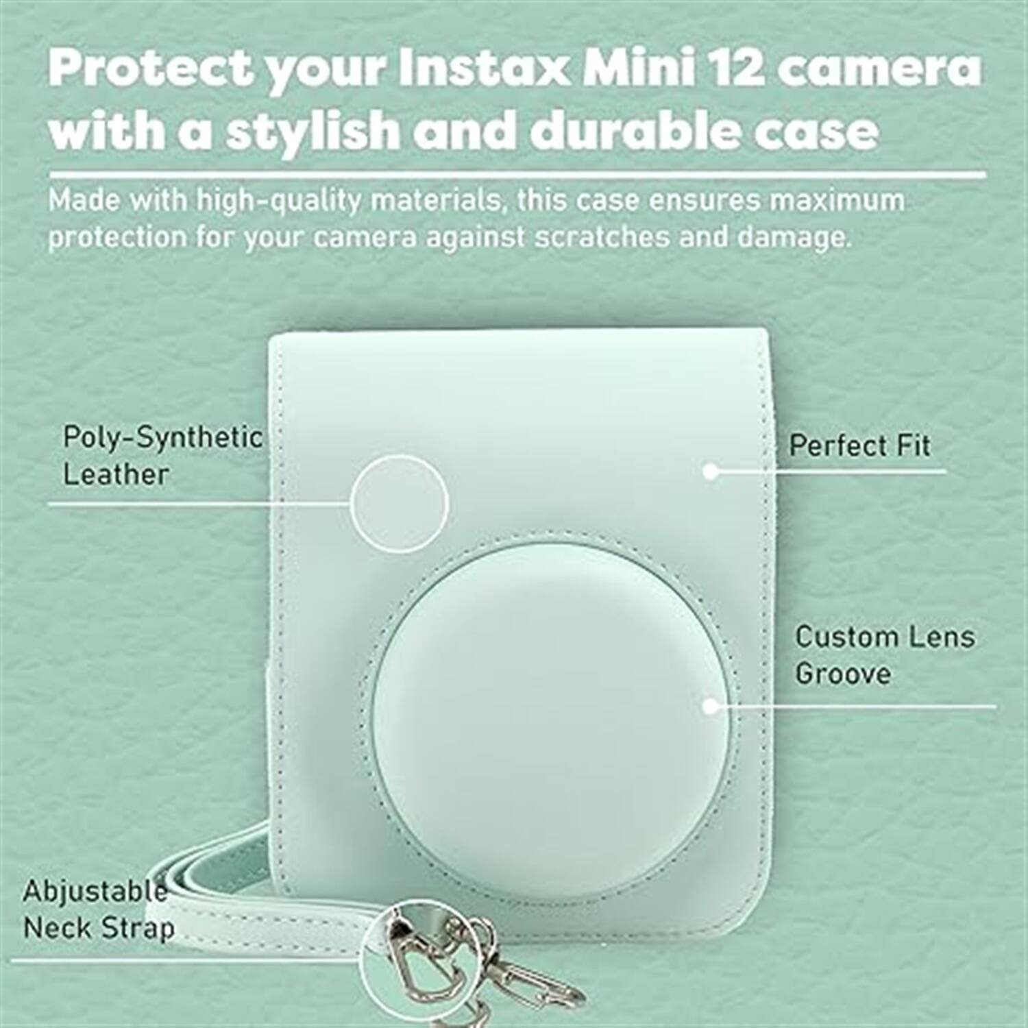 Protect your Instax Mini 12 camera with a stylish and durable case. Made with high-quality materials, this case ensures maximum protection for your camera against scratches and damage.

- Poly-Synthetic Leather
- Perfect Fit
- Custom Lens Groove
- Adjustable Neck Strap