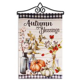 G128 - Combo Pack Garden Flag Hanger 14 in with 12x18 Double-Sided Blockout Autumn Blessings Flag - Multicolor