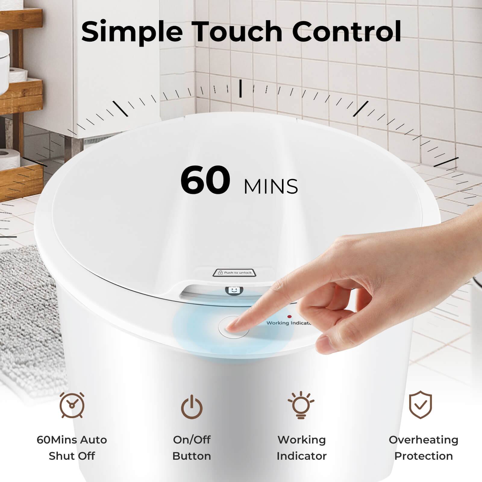 Simple Touch Control

60 MINS

- 60Mins Auto Shut Off
- On/Off Button
- Working Indicator
- Overheating Protection