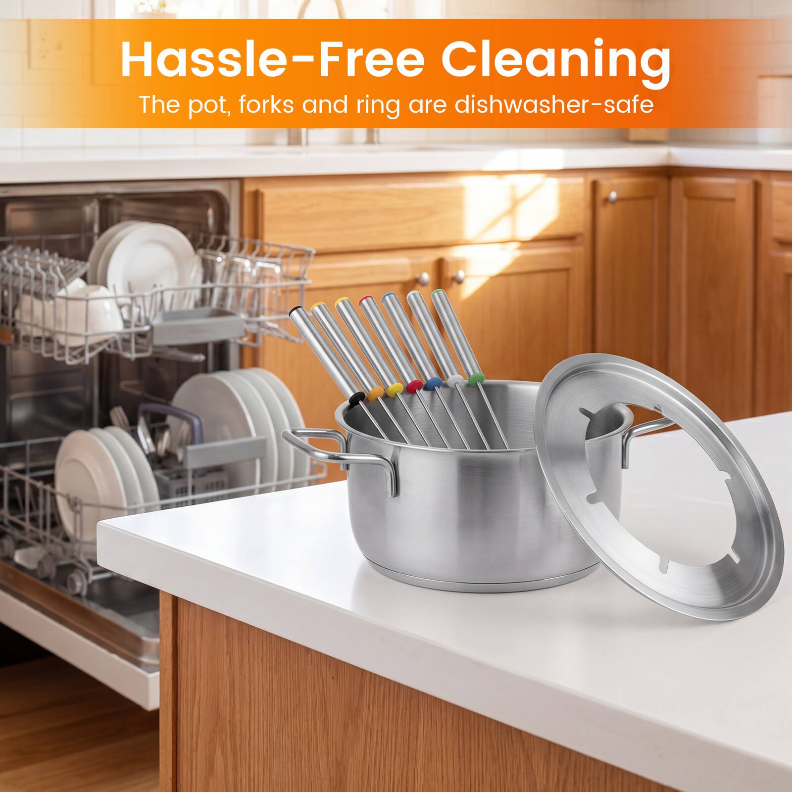 Hassle-Free Cleaning  
The pot, forks and ring are dishwasher-safe