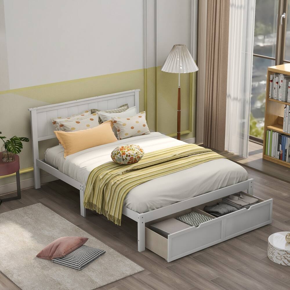Angle. Loheer - Loheer Full Size Platform Bed White Wood Bed with Drawers - White.