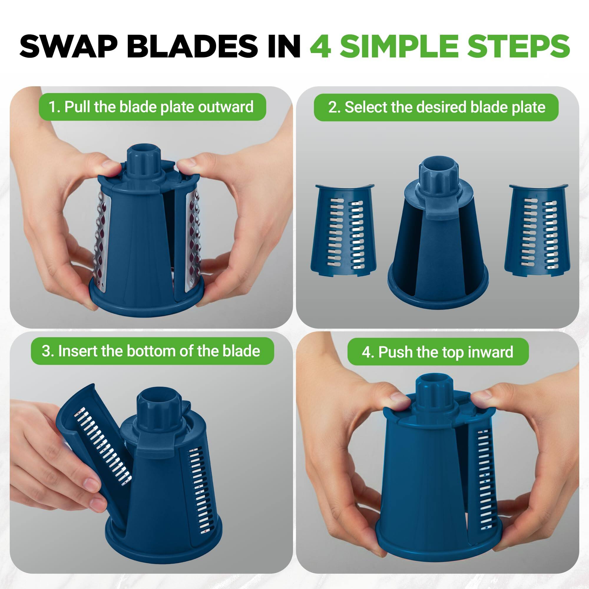 SWAP BLADES IN 4 SIMPLE STEPS

1. Pull the blade plate outward
2. Select the desired blade plate
3. Insert the bottom of the blade
4. Push the top inward