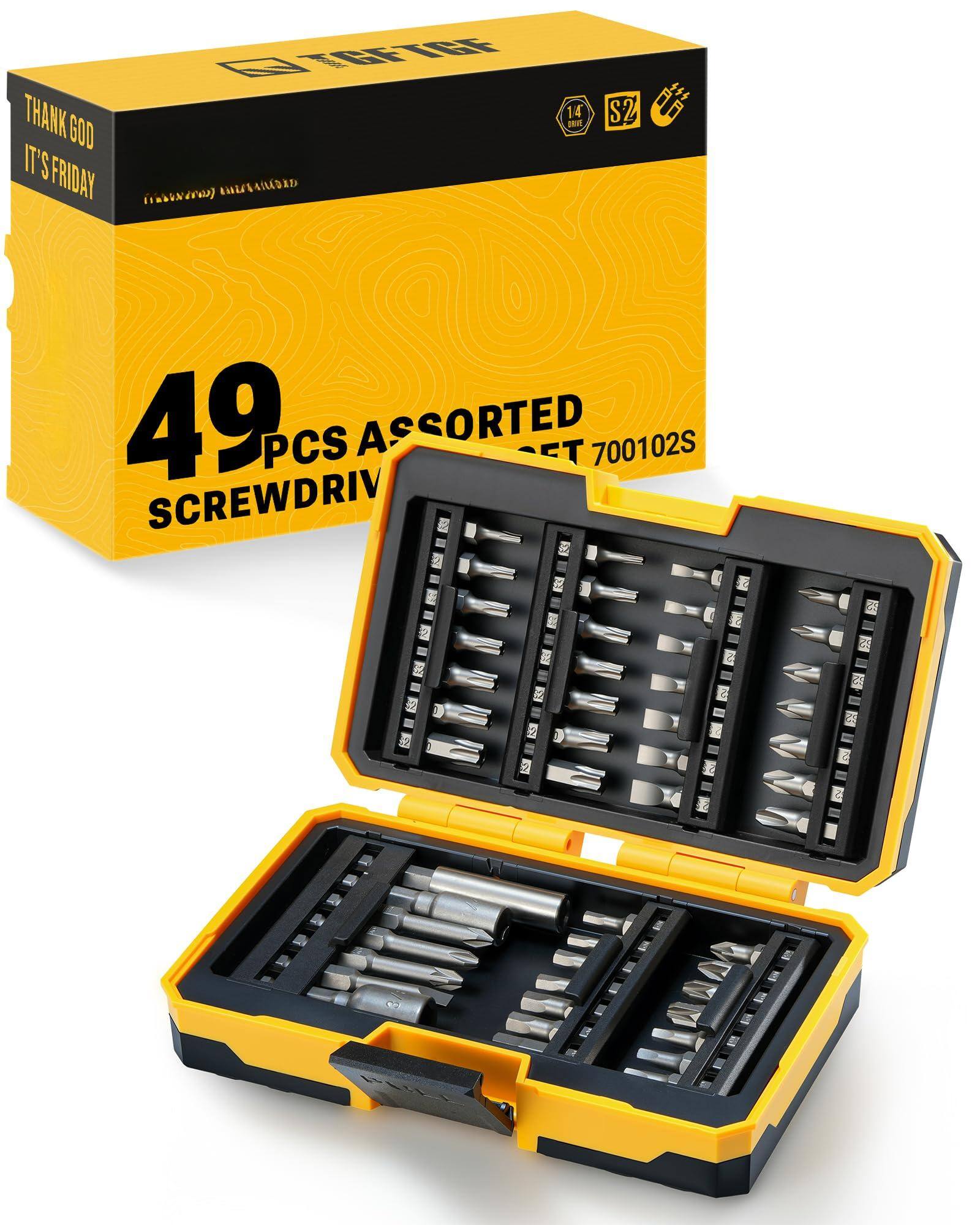 Sure, here is the corrected and grouped text from the image:

---

**Top Left:**
- THANK GOD IT'S FRIDAY

**Top Right:**
- 14 DRIVE
- S2

**Center:**
- 49 PCS ASSORTED SCREWDRIVER SET
- 700102S

**Bottom Right:**
- 700102S

---