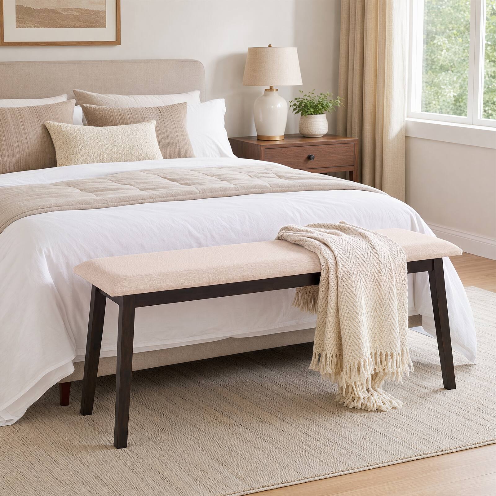 Alt View 3. Costway - Costway 43.5" Upholstered Entryway Bench with Rubber Wood Frame, Farmhouse End of Bed Bench - Beige.
